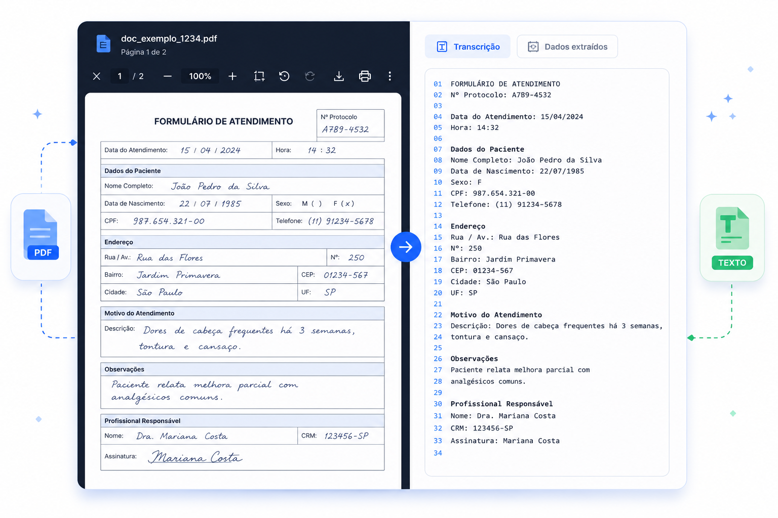 Transcrição inteligente de documentos médicos — PDF manuscrito sendo convertido em texto estruturado